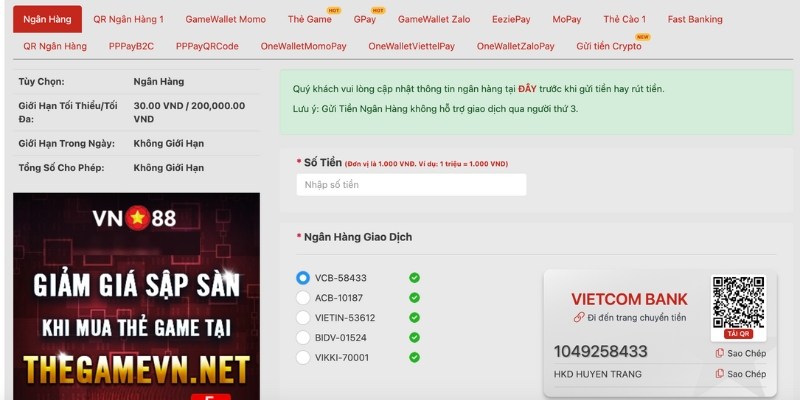 Vn88 cung cấp đa dạng hệ thống thanh toán